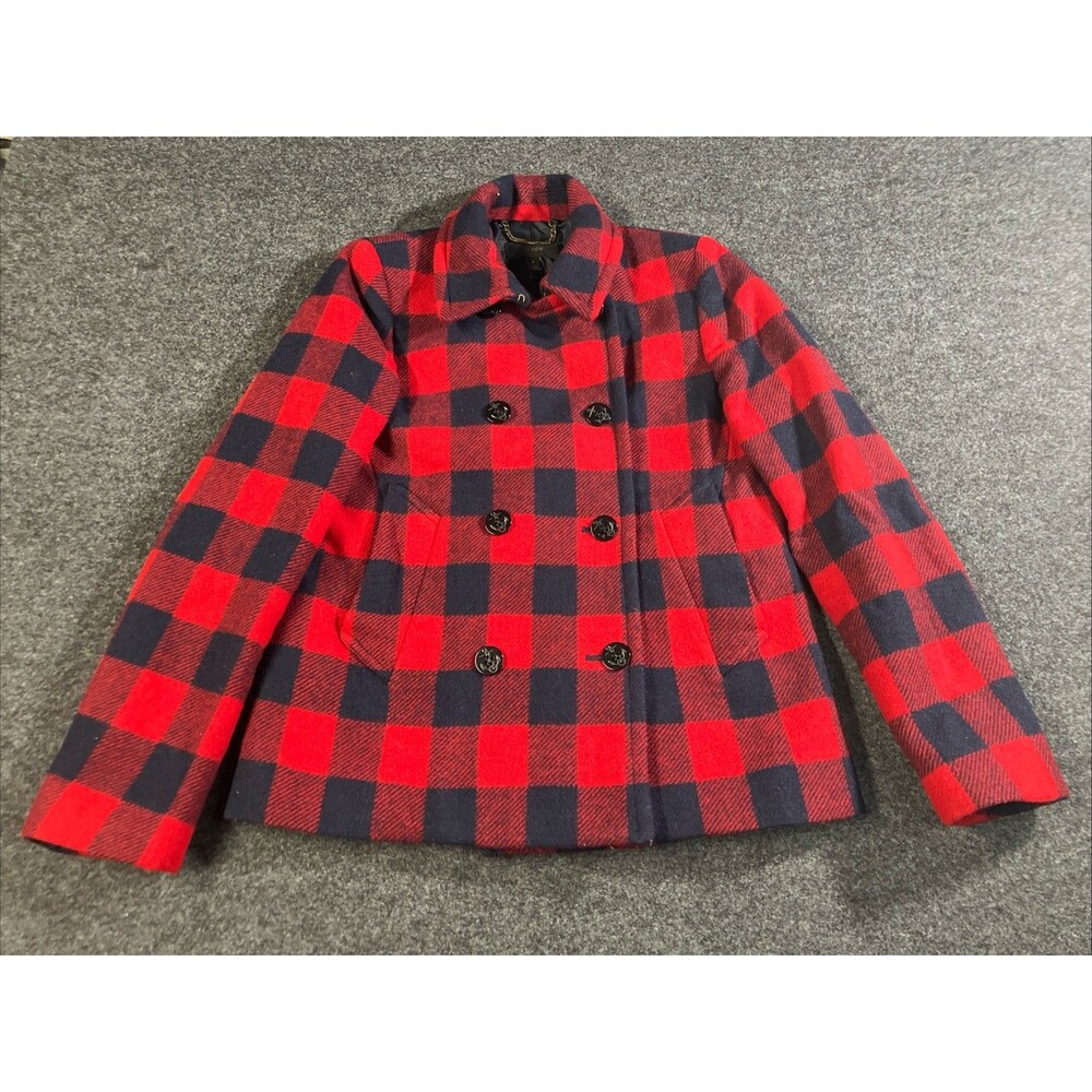 J.Crew Wool Pea Coat Womens 4 Red Buffalo Plaid Double Breasted Jacket Lined